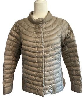 Athleta Premium Down Puffer Jacket Taupe Champagne Lightweight Quilted Small